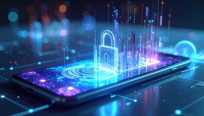 Smartphone displaying lock icon on screen surrounded by digital data and security elements in a futuristic cyber environment