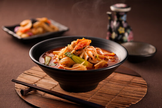 Spicy Korean Chinese Seafood Noodle Soup Jjamppong with Octopus and Vegetables