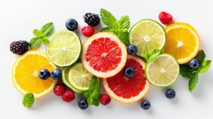 Slices of oranges, grapefruits, and limes are arranged neatly alongside fresh berries and mint leaves, creating a lively and appealing fruit display perfect for a summer gathering.