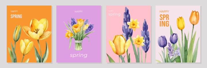 Trendy watercolor collection of "Happy Spring" posters. Vector spring greeting cards with spring flowers. Holiday cards for party, celebration, advertising, branding, covers, flyers, sales, events.