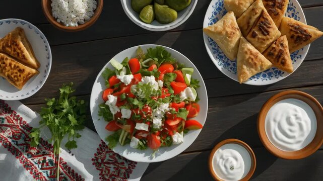 Overhead View of Fresh Salad and Phyllo Pastries on Dark Table