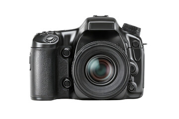 Fototapeta premium A frontal view of a glossy black digital camera, detailed with a large lens