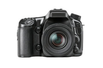 A frontal view of a glossy black digital camera, detailed with a large lens