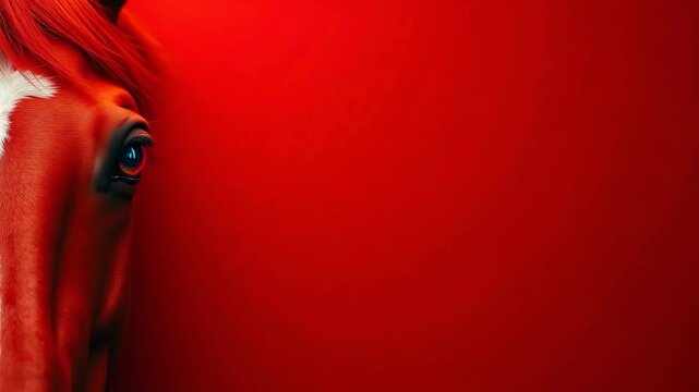 Profile of a red horse on red background with empty space for text. Chinese new year scene, festive animal symbol. Concept of holiday marketing, advertising design, business branding. 