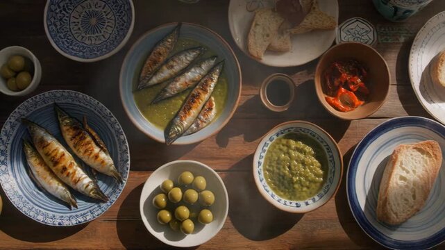 Grilled Sardines with Olive Pesto Spread Overhead View on Rustic