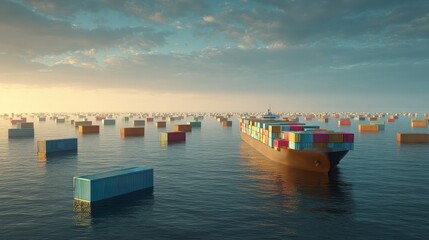 Fototapeta premium Transport ship, containers floating in organized formation, conceptual logistics scene, 3D illustration.
