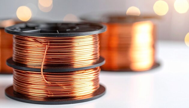 Copper wire spools stacked on a table with blurred light background during daytime