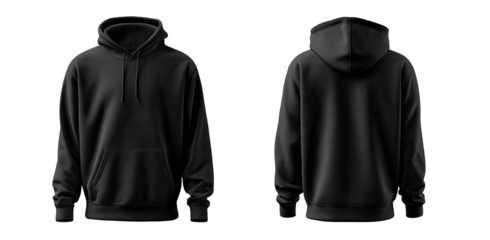 A front and back view of a black hoodie, a wardrobe staple, isolated against a black background