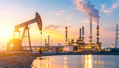 Oil pump and refinery at sunset near water in an industrial area