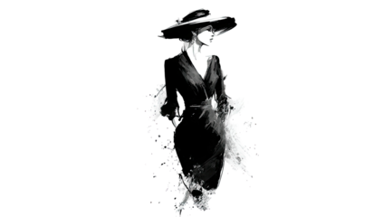 Monochrome abstract illustration of a stylish woman in a large hat and coat against a black backdrop