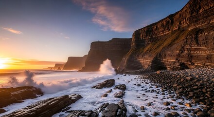 Dramatic ocean waves crash against layered coastal cliffs during a vibrant sunset