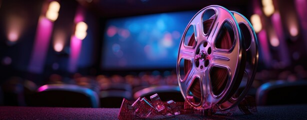 The Film Reel on a Dark Theater Seat with Blurred Screen and Neon Lights