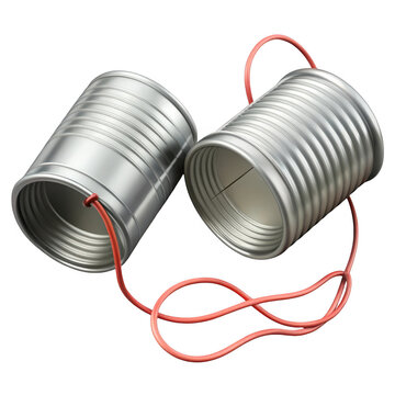 Two tin cans connected by a red string forming a classic homemade telephone isolated on transparent background