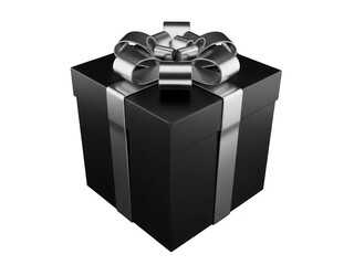 Obraz premium Black gift box with silver ribbon and bow on top isolated on transparent background