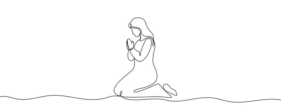 A woman kneeling in a prayer pose, symbolizing faith, humility, spirituality, and hope. Drawing in one line art style with editable black stroke. Vector illustration.