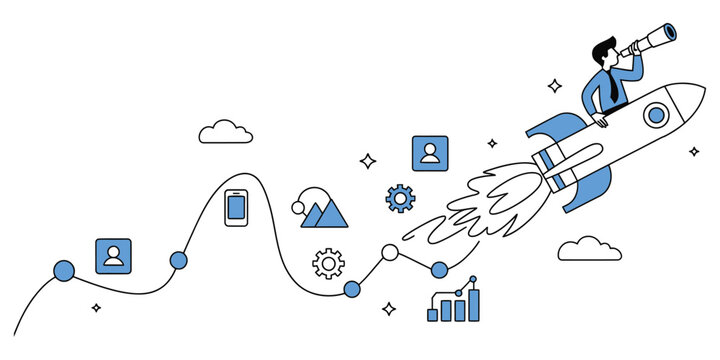 Businessman sitting on rocket flying up along growth chart path business success development strategy concept minimal line art illustration