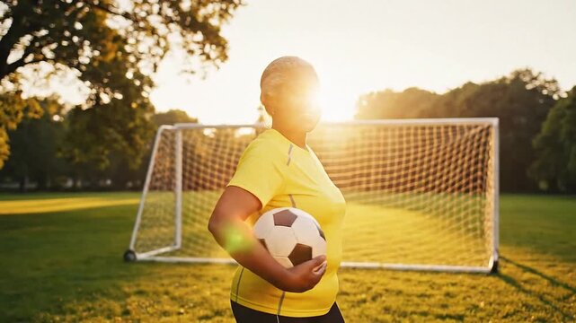 Active Aging Woman Playing Soccer in Park at Sunset