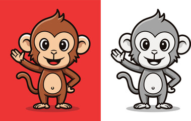 Naklejka premium Cartoon monkey character waving happy monkey icon.