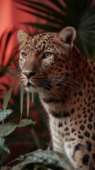 Naklejka premium A stunning leopard stands proud, its spotted fur contrasting beautifully with the lush green foliage in its rainforest habitat