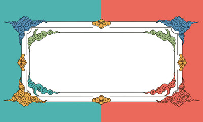Colorful ornate frame with floral corners on turquoise red background.