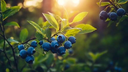 Close up of fresh blueberries on branch with green leaves, backlit by warm sunset light, showcasing nature's bounty in vibrant detail