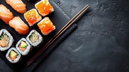 Assorted sushi including nigiri, maki rolls, and sushi with caviar arranged on a dark slate surface with chopsticks, offering ample copy space