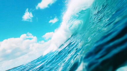 A powerful ocean wave captured mid motion, showcasing the beauty and energy of the sea under a bright blue sky