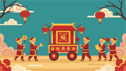 Chinese New Year Parade Red Cart Lanterns.