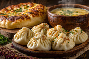 Plate with khinkali dumplings, cheese khachapuri, and a bowl of soup, offering a traditional Georgian meal