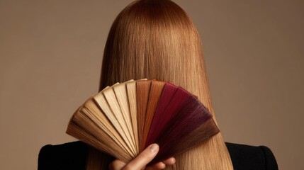 A woman with long, smooth, straight ginger hair holding a fan of colored hair swatches, choosing a shade for coloring or hair extensions in a salon environment.