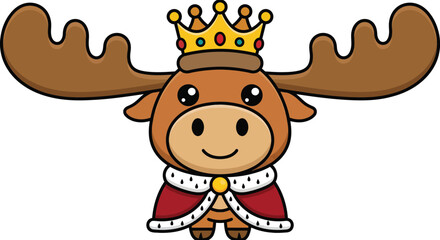 Royal Moose Cartoon Character &ndash; Crown & Cape Flat Vector