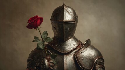 Romantic medieval knight in full armor holding red rose for Valentine's Day gesture