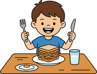 Cute Kid Eating Sandwich at Table &ndash; Flat Vector Cartoon