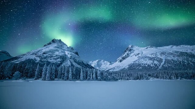 Arctic Glow Capture the aurora's brilliant light reflecting on expansive snowfields and frozen surfaces, emphasizing the dramatic contrast between the vivid sky and the stark, white terrain.