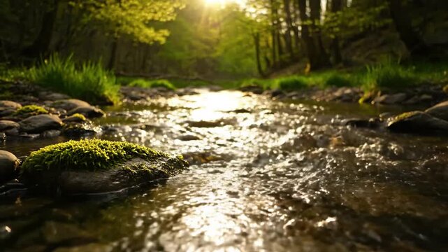 Spring Forest Stream Wide shot of a pristine brook winding through a vibrant spring forest, surrounded by lush, fresh green foliage, moss-covered rocks, and early wildflowers.