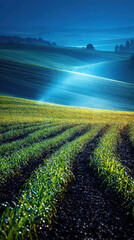 Rolling hills landscape with dew-kissed young plants in rows. Serene, lush fields meet an atmospheric sunrise, capturing natural beauty