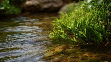 Clear stream with lush green aquatic plants gently flowing over submerged rocks