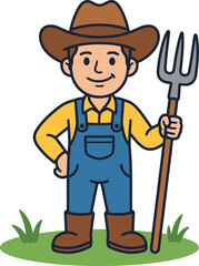 Cartoon Farmer with Pitchfork on Grass &ndash; Flat Vector Character