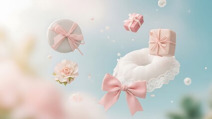 Floating gifts and flowers with pink bows in soft blue background