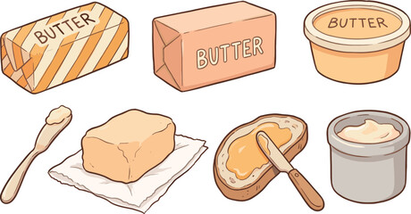Collection of butter sticks, tubs and spreadable butter on bread for dairy food illustration, culinary graphics, cooking ingredient artwork and breakfast themed design resources