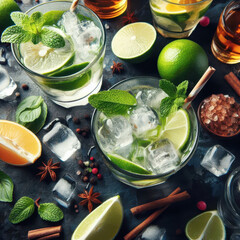 Refreshing mojitos, garnished with lime and mint, surrounded by cocktail ingredients on a dark background