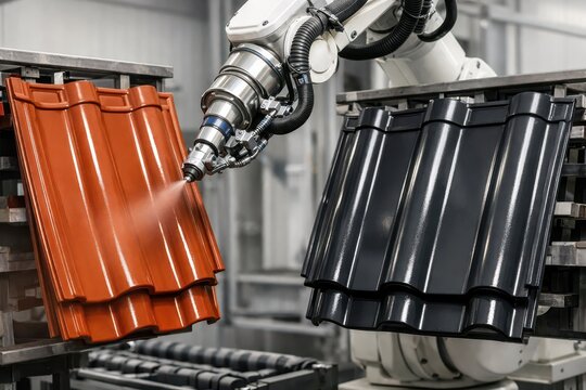 Industrial Spray Painting Of Metal Parts In Automated Production Line. Collection of robotic spray systems coating metal panels and components in a modern factory.
