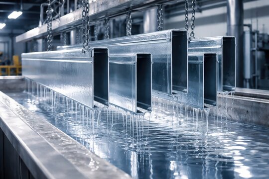 Industrial Dip Coating Of Panels And Profiles In Paint Bath. Automated production line where metal panels and profiles are immersed into liquid paint baths for uniform coating.