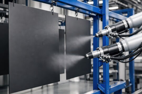 Industrial Spray Painting Of Metal Parts In Automated Production Line. Collection of robotic spray systems coating metal panels and components in a modern factory.