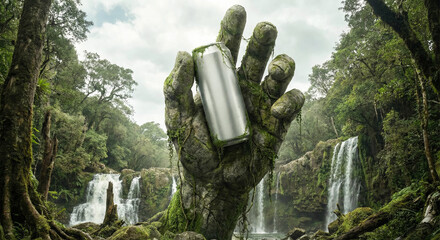 Surreal Giant Mossy Stone Hand Holding Blank Silver Aluminum Can Mockup in Lush Jungle with Waterfalls - Eco Fantasy Concept