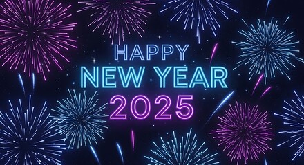 Festive neon illumination celebrates the arrival of the year two thousand twenty five against a dark sky filled with pyrotechnics