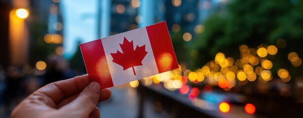 The Canadian flag held in hand with blurred city lights and evening bokeh