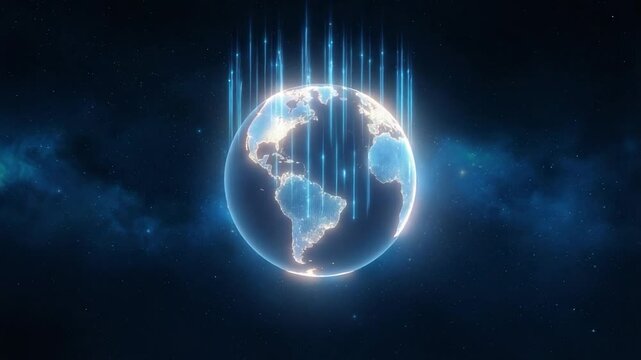 Digital Earth, with glowing streams of data cascading down, symbolizing interconnectedness, communication, and technological advancement in a modern, stylized manner. 