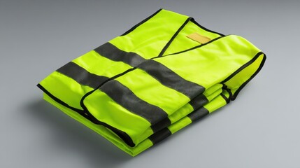 A bright yellow safety vest with black reflective stripes is neatly folded on a gray surface. This vest is designed for visibility and safety in various work settings.