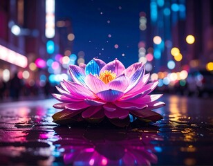 Illuminated lotus flower in city street against bokeh backdrop